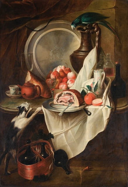 Circle Of Alexandre-François Desportes - Still Life With Fruits And Ham With A Cat And A Parrot