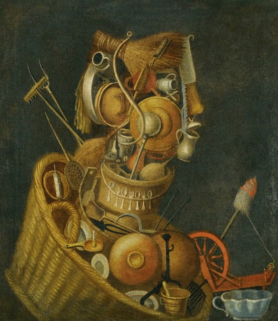 Circle of Giuseppe Arcimboldo - An Anthropomorphic Still Life With Pots, Pans, Cutlery, A Loom And Tools