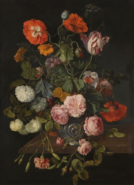 Cornelis Kick - A Still Life With Parrot Tulips, Poppies, Roses, Snow Balls, And Other Flowers In A Glass Vase Over A Stone Ledge