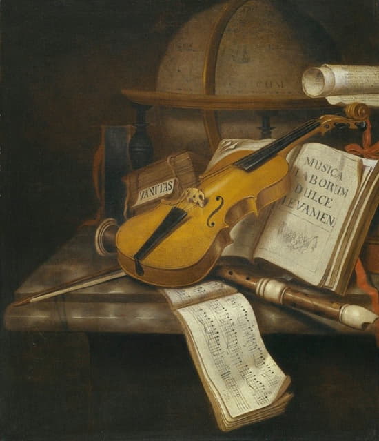 在大理石桌面上放着小提琴、录音机和乐谱的瓦尼塔斯静物画