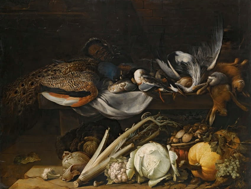一个由鸣禽、孔雀和兔子组成的静物，在一个壁架上放着南瓜、卷心菜、花椰菜、芹菜、蘑菇和葡萄
