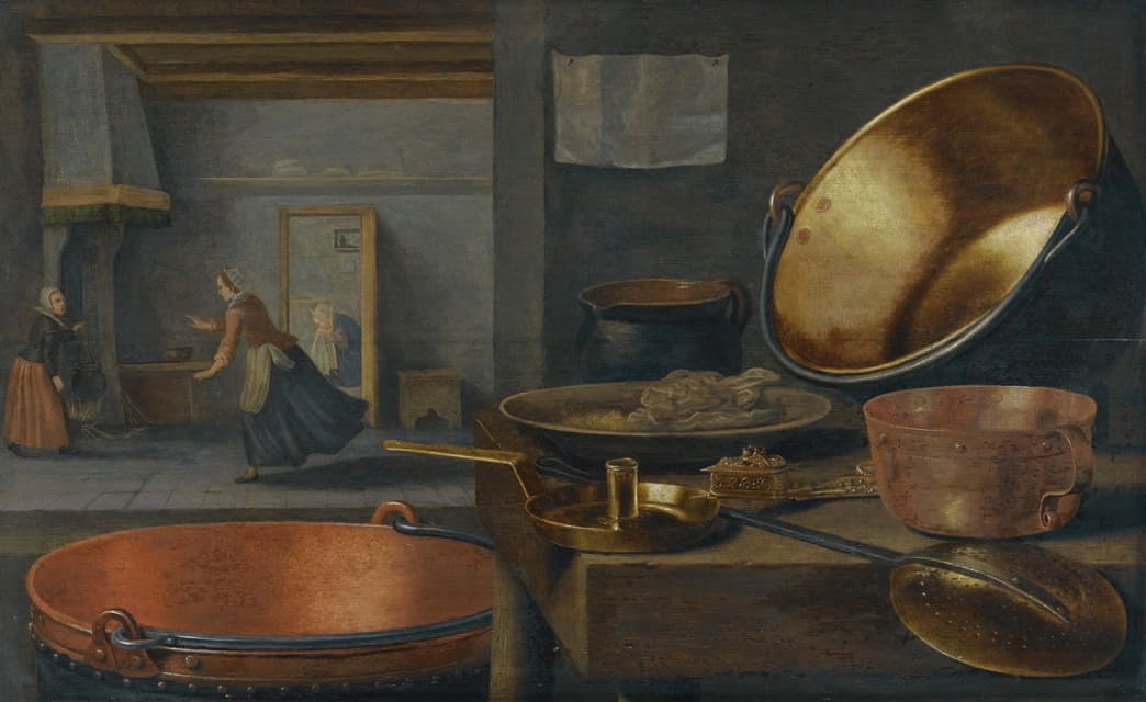 厨房的静物画，石头壁架上有锅碗瓢盆，背景是动画人物
