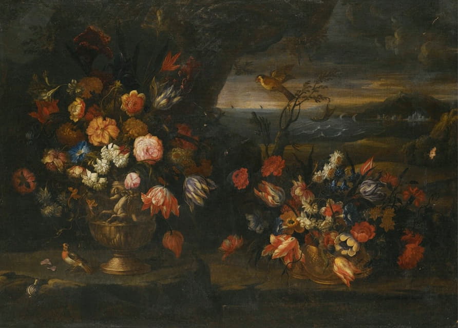 Francesco Caldei - Still Life With Vase Of Flowers In A Coastal Landscape Setting