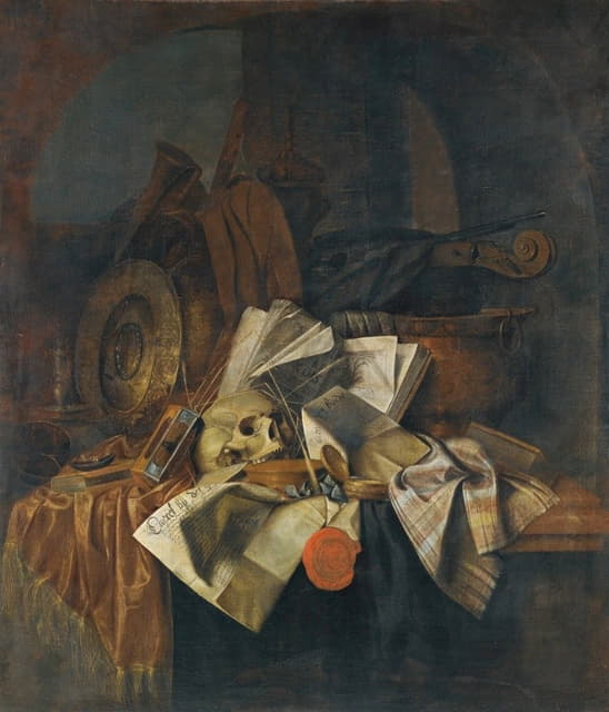 瓦尼塔斯的静物画有头骨、盾牌、一个小时镜、桌面上的书和纸