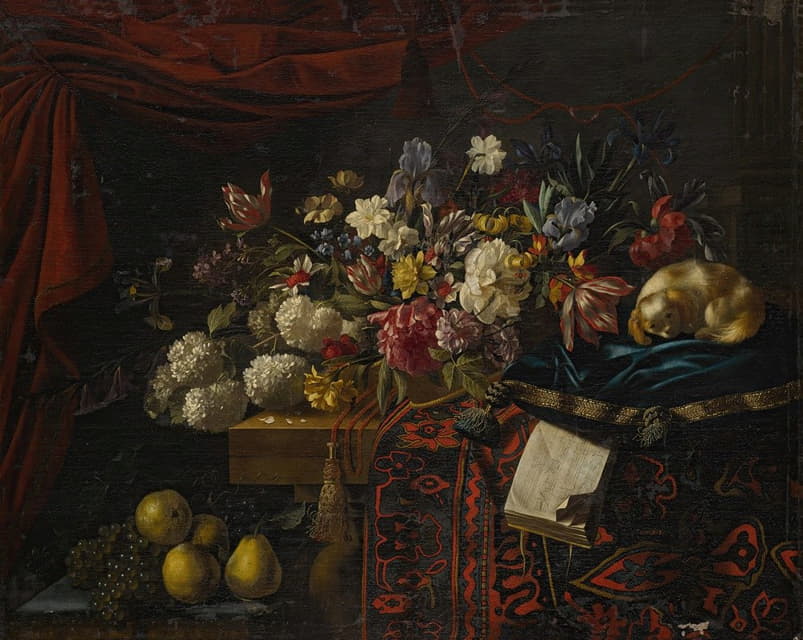 François Habert - A still life of flowers set on a table with a carpet, a music book and a dog seated on a pillow