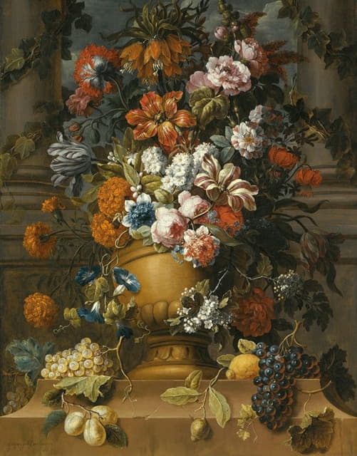 Gaspar Peeter Verbruggen the Younger - Flowers In An Urn With Fruit On A Pedestal