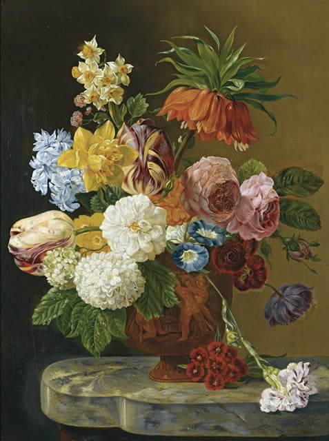 花瓶里有玫瑰、牡丹、郁金香、水仙花、康乃馨和其他花卉的静物画