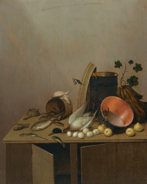 一只死鸭子、鱼、梨、蛋、铜锅和其他物品的静物画，都放在一个橱柜上