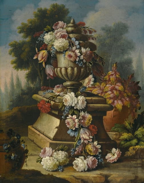 一幅静物画，有玫瑰、郁金香、康乃馨和其他花朵的花环，覆盖在风景中的石瓮周围