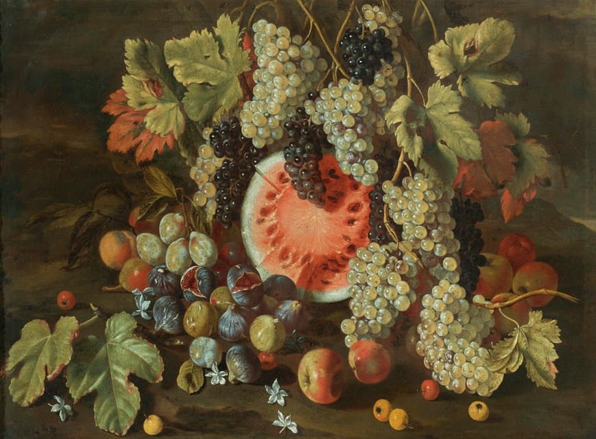 Giovanni Battista Ruoppolo - Still Life In A Landscape, With Grapes, Watermelons, Figs And Apples