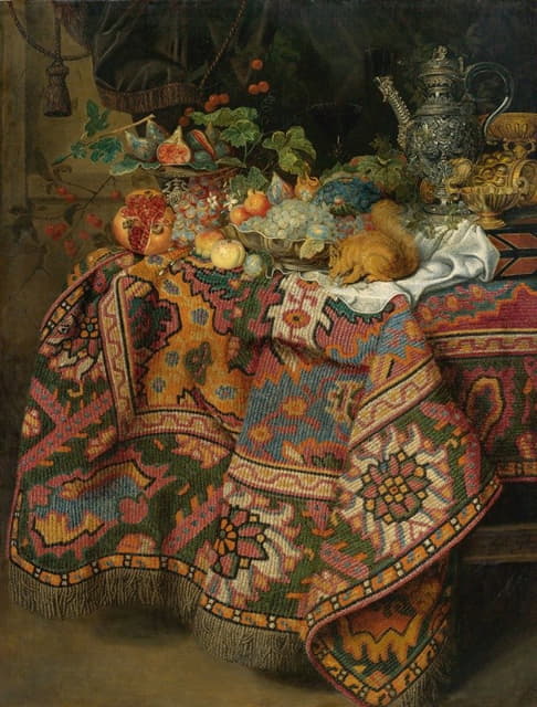 有水果、金银器皿和松鼠的静物画，都放在一张铺着波斯地毯的桌子上