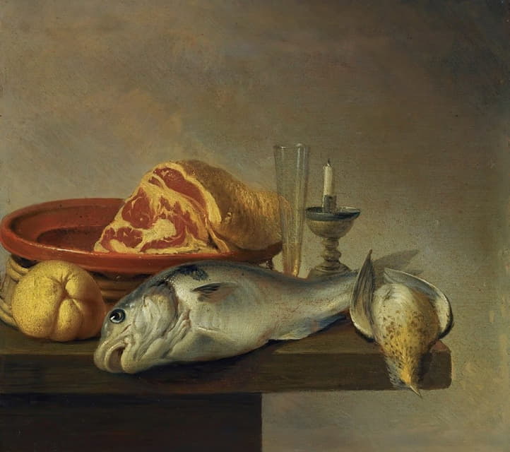 Harmen van Steenwijck - Still Life With A Ham, A Fish, A Candle And Other Objects Arranged On The Edge Of A Tabletop