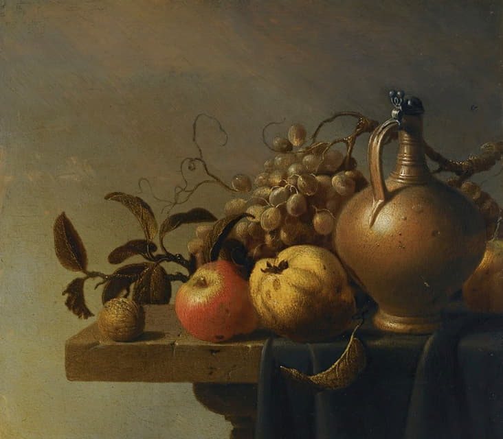 Harmen van Steenwijck - Still Life With A Ewer And Some Fruit On A Partly-Draped Stone Ledge