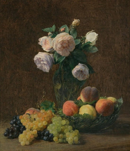 静物性；玫瑰、桃子和葡萄的花瓶