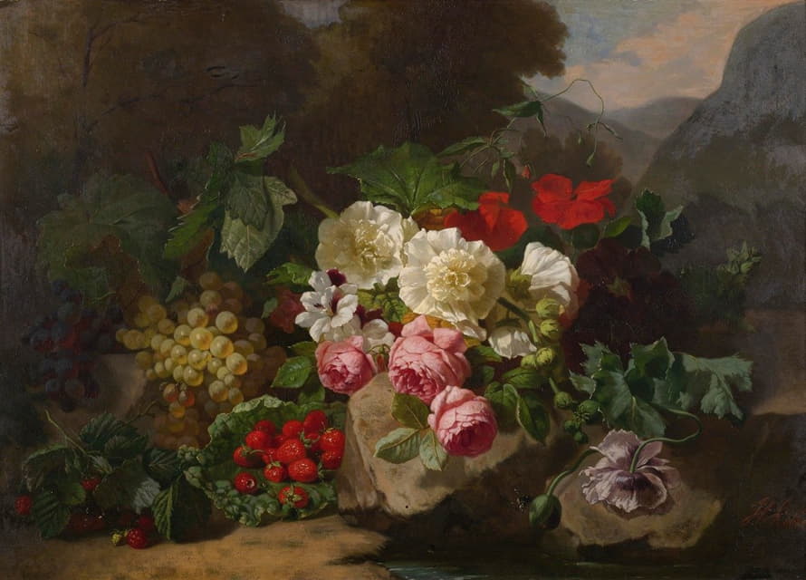 Henri Robbe - Still Life With Flowers And Fruit