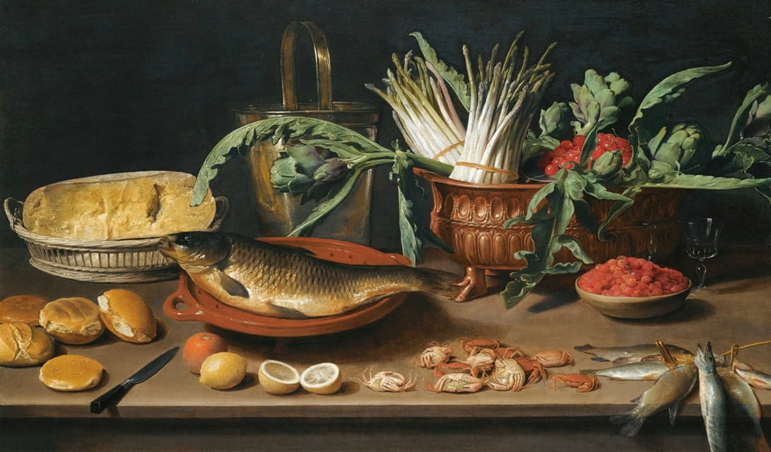 Jacob Foppens van Es - Still Life With A Fish On A Terracotta Plate, Bunches Of Asparagus, Artichokes And Cherries In A Scalloped Dish,