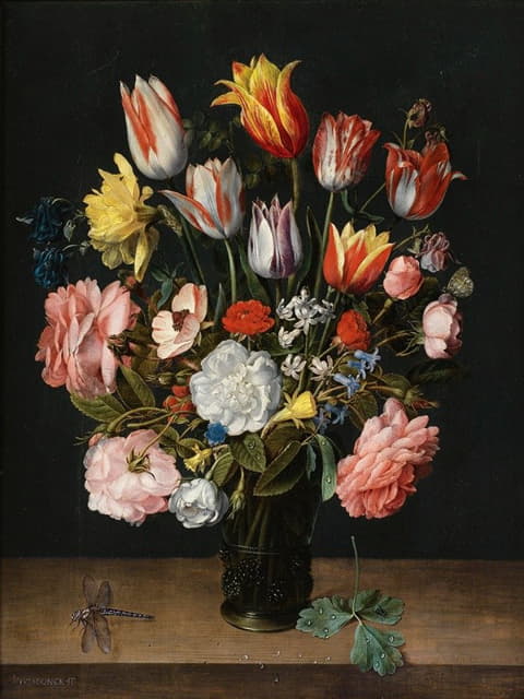 Jacob van Hulsdonck - A Still Life Of Tulips, Roses, Bluebells, Daffodils, A Peony And Other Flowers In A Glass Roemer On A Wooden Ledge With A Dragonfly