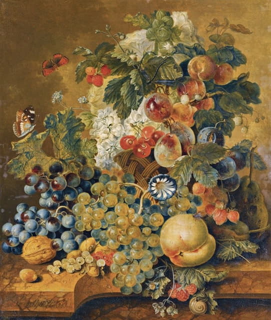 一幅静物画，石头架上放着一篮水果、坚果和花
