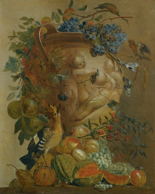 Jacobus Vonck - A Still Life Of Melons, Grapes, Peaches And Other Fruits In A Stone Urn With Birds