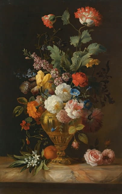 Jakob Bogdány - A Still Life Of Roses And Other Flowers In A Metal Vase On A Marble Ledge