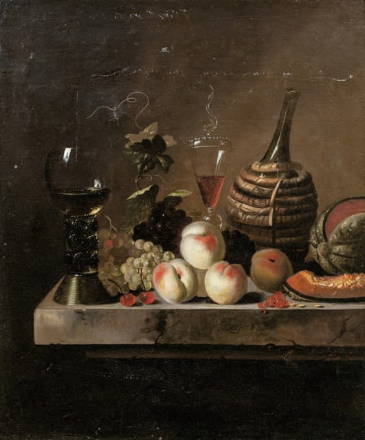 Jakob Bogdány - Still Life With Fruit, A Wine Flask In A Basket And A Large Roemer