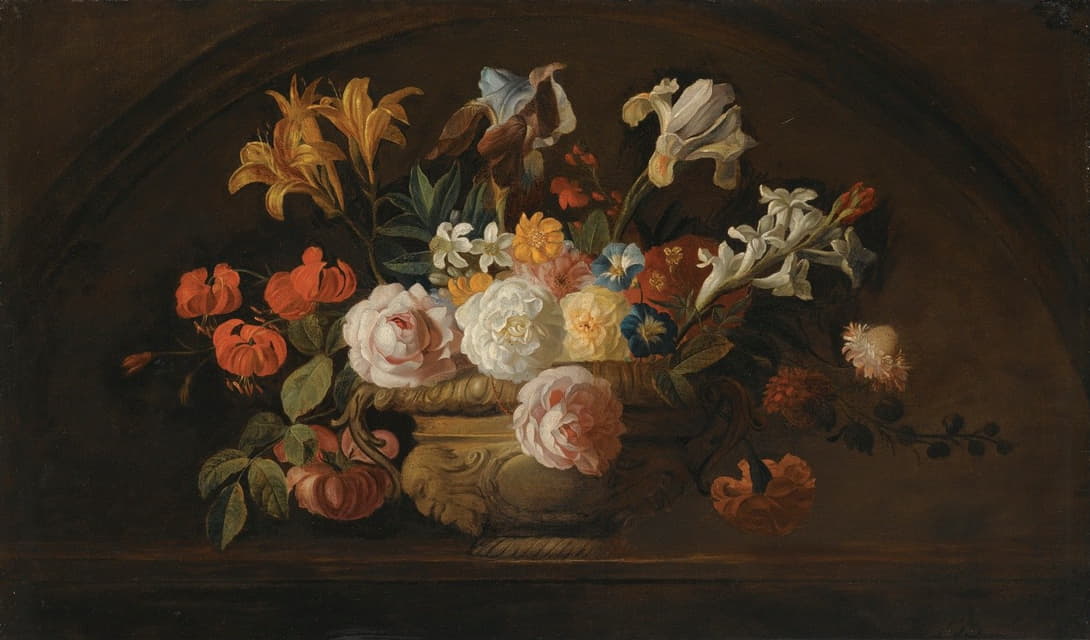 Jakob Bogdány - Still Life Of Flowers In A Vase On A Marble Shelf