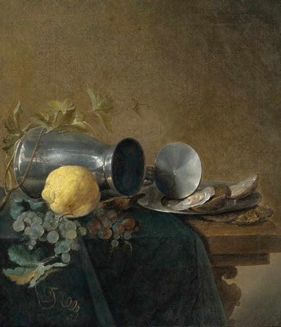 Jan Davidsz de Heem - Still Life Of A Pewter Tankard, Lemon, Oysters And Grapes