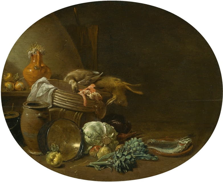 Jan Olis - A Kitchen Still Life Of A Hare, A Mallard, Artichokes, Cabbage, Pears, A Fish On An Earthenware Platter, And Pots And Pans