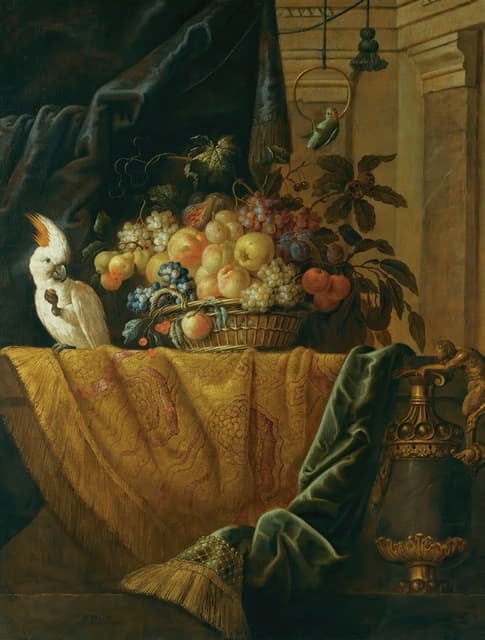 一幅静物画，一篮水果和一只长尾鹦鹉放在窗台上，窗台上挂着锦缎，旁边是一个装着奥莫鲁的斑岩花瓶