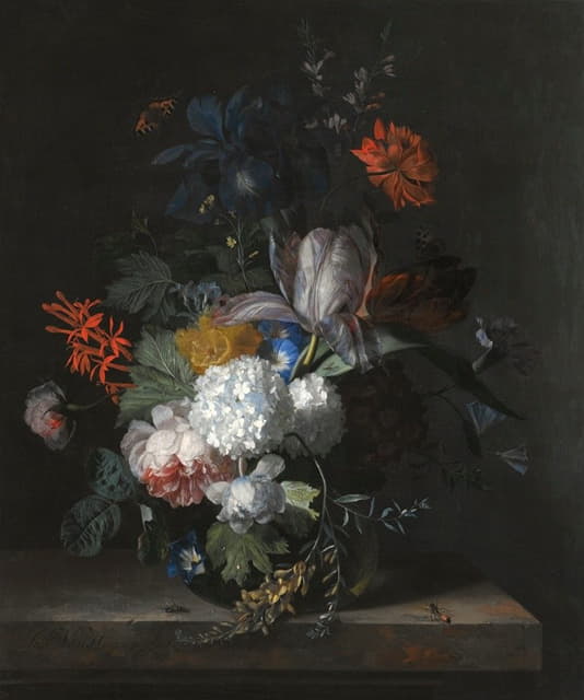 玻璃花瓶中有绣球、旋花、多花莲子、牡丹、黑木耳、康乃馨、郁金香、雪球和其他花卉的静物画