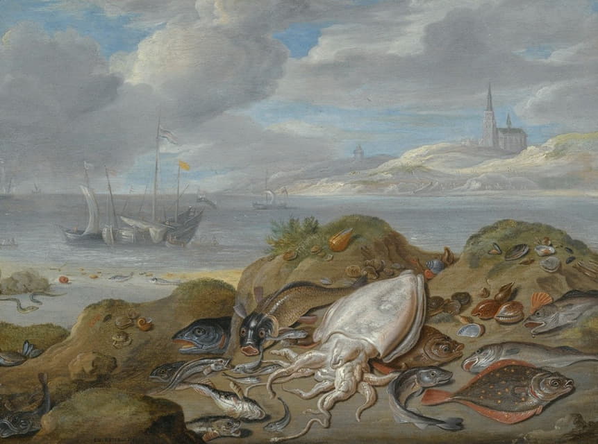 Jan Van Kessel The Elder - Still Life With Cuttle Fish, Plaice, Cod, Mussels And Other Fish On A Dune, A Church Across A River Estuary Beyond