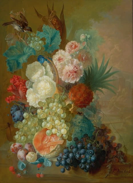 Jan Van Os - Still Life Of Peonies, A Cock’s Comb And Morning Glories With A Pineapple, Ear Of Corn, Melons, Grapes, Plums And Raspberries