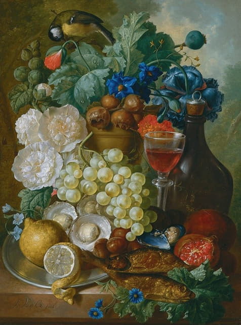有水果和鲜花的静物画，还有牡蛎、贻贝、一杯葡萄酒、一个酒瓶和石壁架上的其他物品