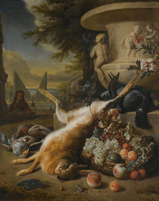 一个由猎鸟、松鸡、野兔和翠鸟组成的静物画，石瓮脚下有一篮水果，远处有一个喷泉的装饰花园