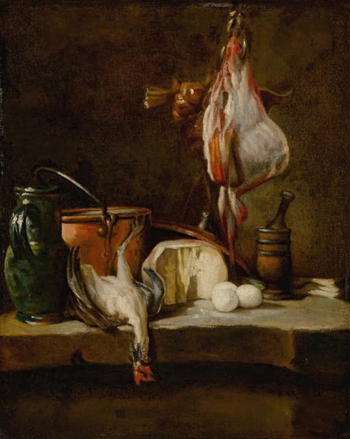Jean-Baptiste-Siméon Chardin - Still Life with a ray-fish, a basket of onions, eggs, cheese, a green jug and a copper pot