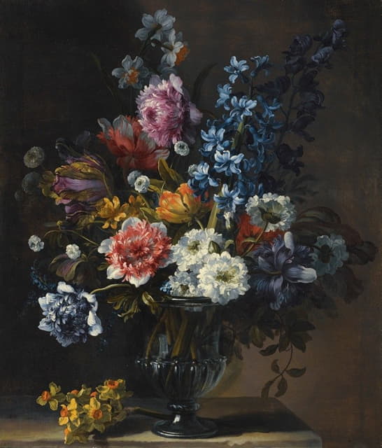 Jean-Baptiste Monnoyer - A Still Life With Tulips, A Hyacinth And Other Flowers In A Glass Vase On A Stone Plinth
