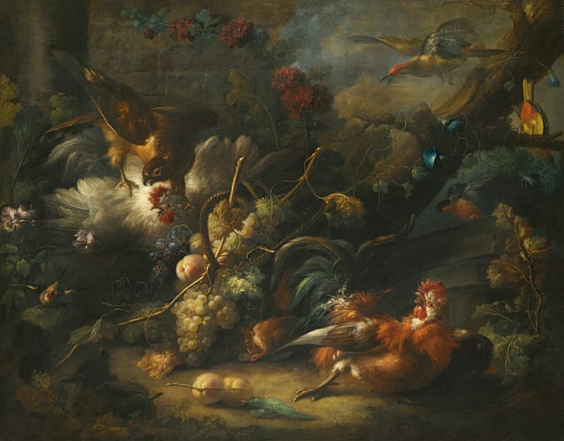 Johann Baptist Drechsler - A Forest Floor Still Life With Poultry Attacked By A Hawk