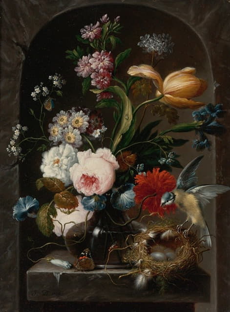 Johann Baptist Drechsler - Still Life Of Roses, Morning Glories, Primroses, A Tulip And Other Flowers In A Glass Vase, With A Bird And Bird’s Nest