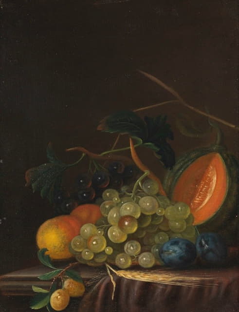 葡萄、桃子、李子和瓜类的静物画