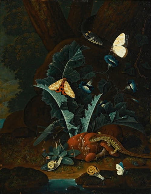 Johann Falch - Forest Floor Still Life With Snails, A Lizard, A Grasshopper, Moths And A Snake