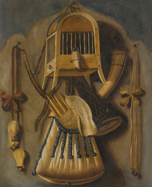 Johannes Leemans - A Trompe L’oeil Still Life With A Bird Cage, A Hunting Horn, A Bird Whistle, And Other Hunting Implements Hanging On A Wall
