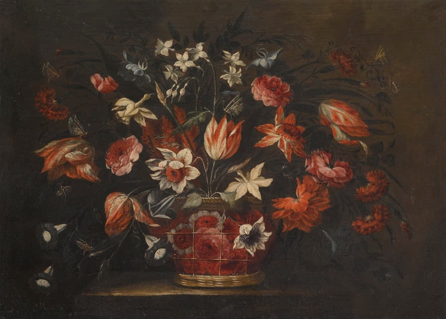 石头底座上有一篮郁金香、康乃馨和其他花卉的静物画