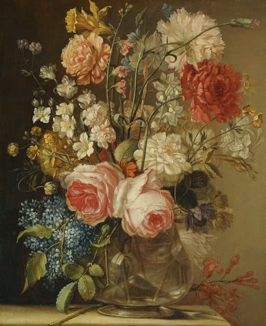 石头壁架上的玻璃花瓶里有玫瑰、水仙花和其他花朵的静物画