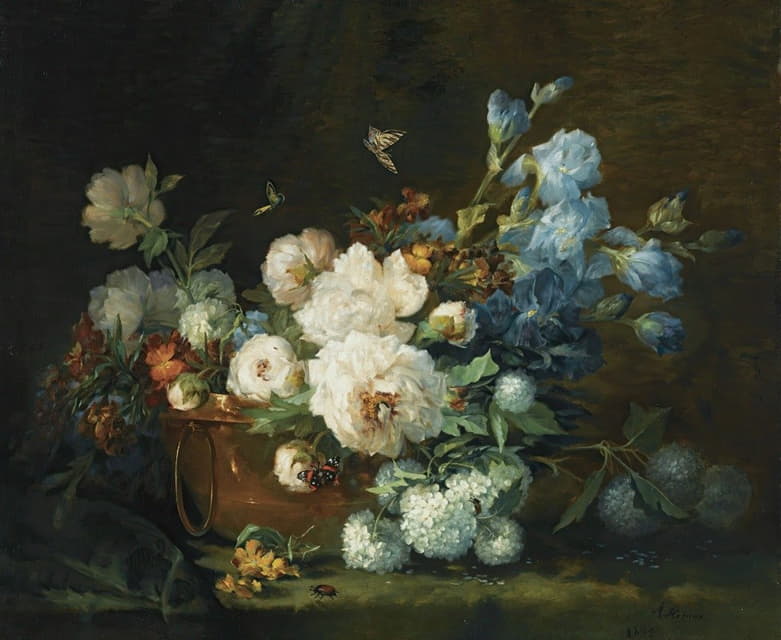 Marie Beloux-Hodieux - A Flower Still Life With Peonies, Irises, Hydrangea In A Copper Kettle, A Beetle And Butterflies
