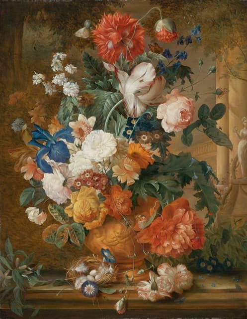赤陶花瓶中的牡丹、玫瑰、康乃馨、鸢尾花、银莲花、黑木耳和其他花卉