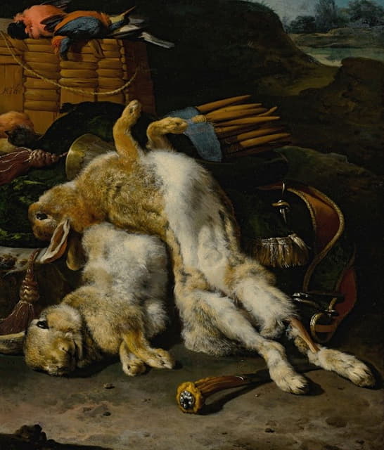 Melchior d'Hondecoeter - A Brace Of Rabbits And Small Birds With Hunting Equipment In A Landscape