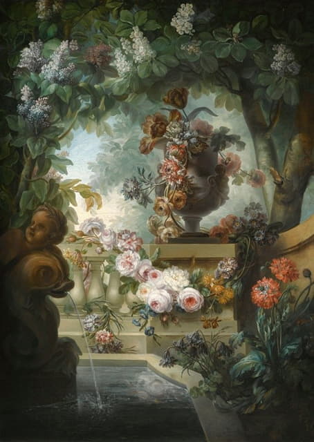 Miguel Parra Abril - A Garden Scene With An Urn Of Flowers, A Flower Garland And A Fountain Beneath A Canopy Of Wisteria