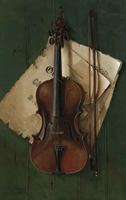 小提琴、弓弦和乐谱的静物画