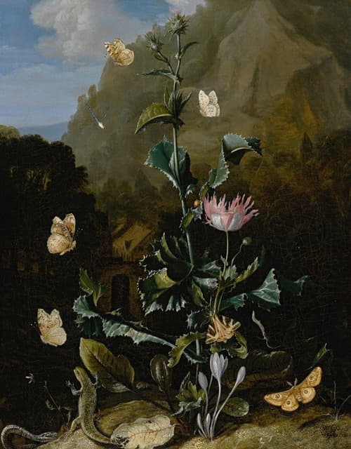 Otto Marseus van Schrieck - Still life of a thistle and other flowers surrounded by moths, a dragonfly, a lizard and a snake, in a landscape