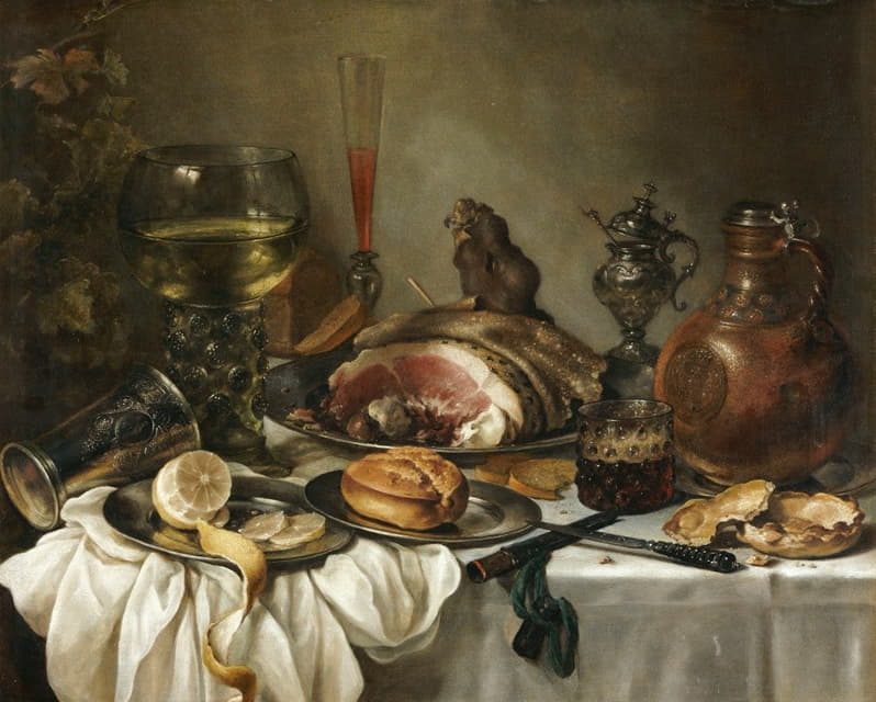 一个罗默的静物画，一个陶罐，一个翻倒的银烧杯，一个火腿和其他摆放在悬垂桌面上的物品
